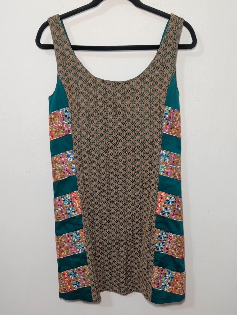 Judith March Embroidered Shift Dress Teal Brown Crochet Boho Women's Size L